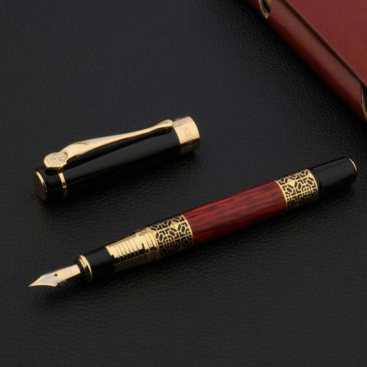 Luxury Gold Carved Mahogany Ink Pen - Exquisite Writing Instrument and Perfect Gift Just a Gift Shop