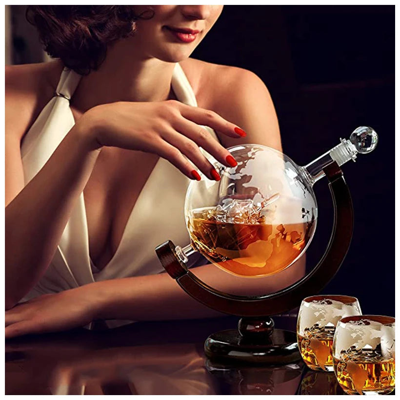 Father's Day Gift - Globe Whiskey Decanter Set with Hand-Blown Ship and Etched Glasses