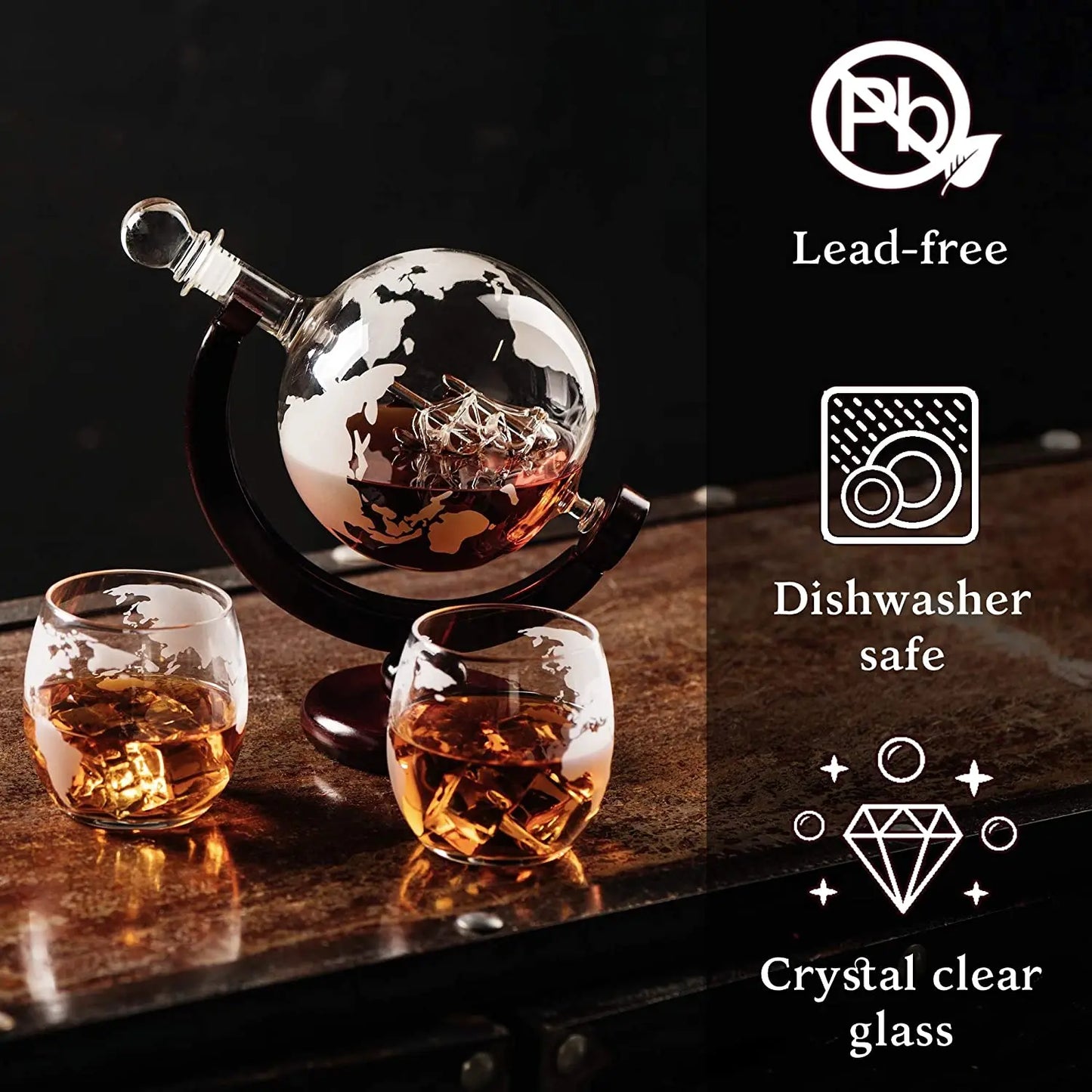 Father's Day Gift - Globe Whiskey Decanter Set with Hand-Blown Ship and Etched Glasses