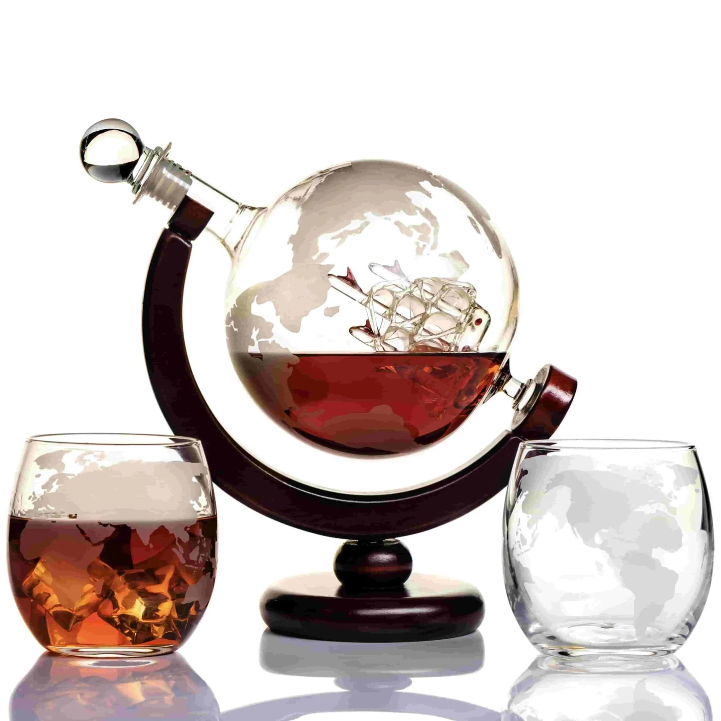 Father's Day Gift - Globe Whiskey Decanter Set with Hand-Blown Ship and Etched Glasses