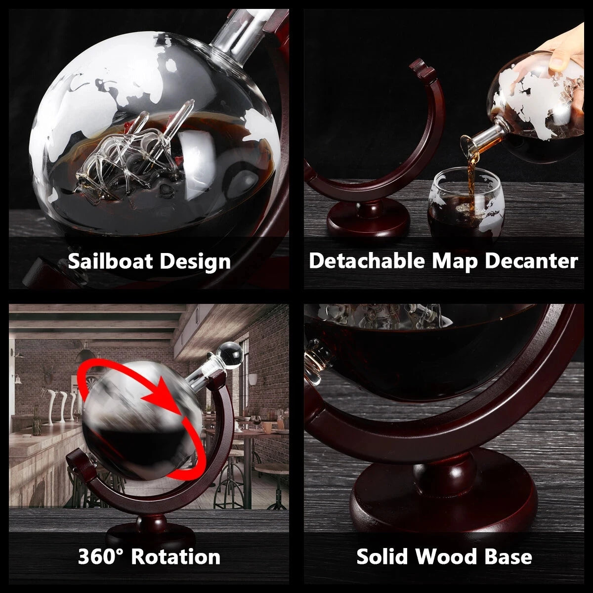 Father's Day Gift - Globe Whiskey Decanter Set with Hand-Blown Ship and Etched Glasses