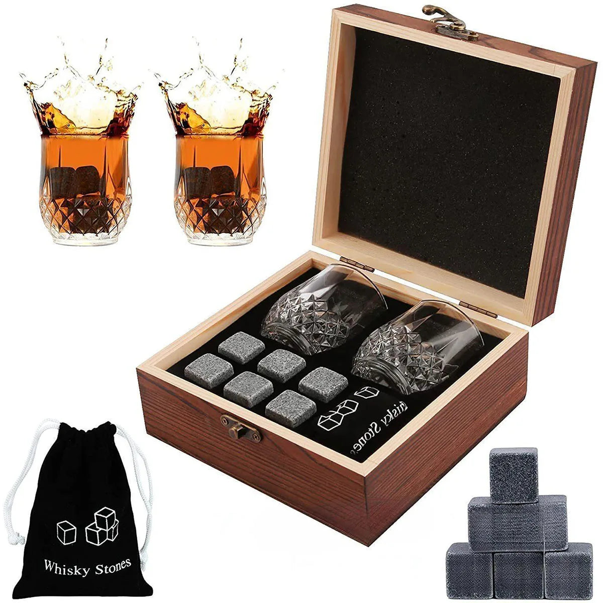 Premium Wooden Whiskey Stones Gift Set - Perfect Gift for Men